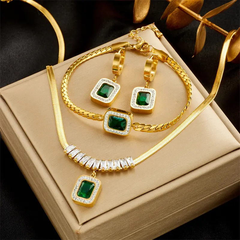 Fashion Luxury Geometric Gemstone Zircon Stud Gold Plated Jewelry Sets Stainless Steel Necklace Earrings Set For Women