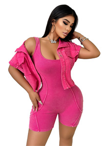 Venta al por mayor IHOOV Casual <span class=keywords><strong>mono</strong></span> sin mangas <span class=keywords><strong>con</strong></span> <span class=keywords><strong>chaqueta</strong></span> <span class=keywords><strong>de</strong></span> manga corta Vintage lavado chándal conjunto - Product Image 2