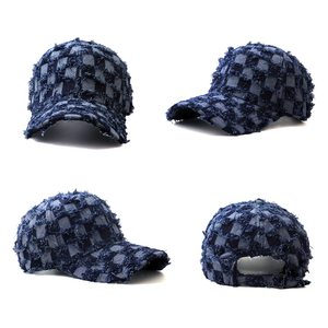 Custom Logo Denim Baseball Cap Checkered Pattern Adjustable Unisex Casual <b>Hat</b> Spring <b>Summer</b> 6-Panel Cotton Polyester - Product Image 2
