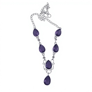Bracelet Chrétien Goutte d'Eau en Améthyste, Argent 925 Plaqué Rhodium, Bijou Classique Unisexe pour Fête, Design Chaîne à Maillons - Product Image 1