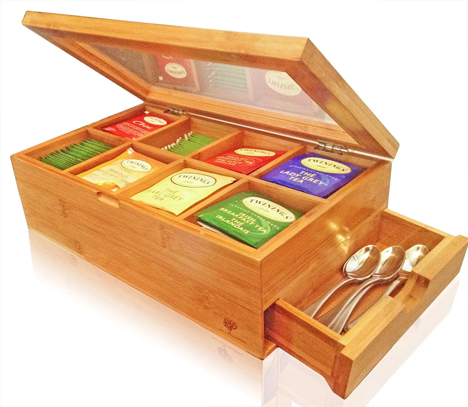 अनुकूलित रंग के साथ उपयोगी पाइन लकड़ी चाय वर्गीकरण बॉक्स दराज