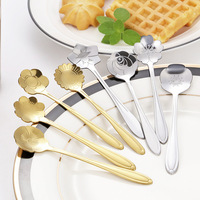 Sendok Kopi Bunga Stainless Steel Mini, Sendok Teh Dessert, Sendok Pengaduk Bunga Pelangi Lapisan Emas PVD, Peralatan Makan Dapur