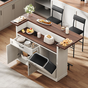 Breakfast Bar Table with Drop Leaf, Kitchen Island Storage, Mobile Storage Islands Power Outlet, Off White - Product Image 2