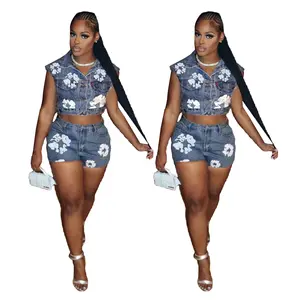 2024 Summer New Hot Selling Printed Elastic Denim Shorts Set