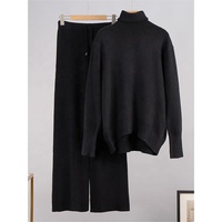Ensemble tricoté deux pièces pour femme, haute qualité, collection hiver : pull col roulé uni décontracté et pantalon ample à jambes larges