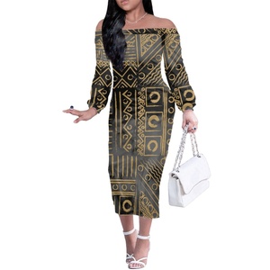 Commercio all'ingrosso di seta di latte Sexy off <span class=keywords><strong>spalle</strong></span> abito a manica lunga Hawaii Polynesain stampa ibisco abito Midi attorcigliato per la signora - Product Image 4