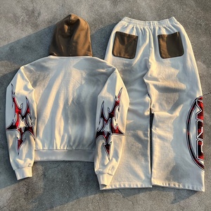 100% Cotton Embroidered Stacked Jogger Sweatpants and Hoodie Set French Terry Acid Wash Baggy <b>Tracksuit</b> Custom Men <b>Tracksuit</b> - Product Image 2