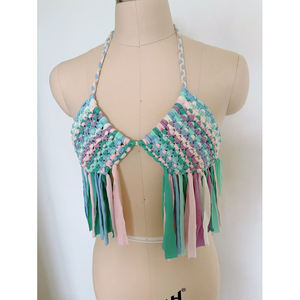 도매 맞춤 보헤미안 여성 비키니 블루 핑크 비치 커버업 크로셰 프린지 니트 탑 코르셋 - Product Image 1