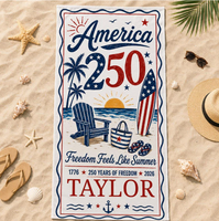 Serviette de plage personnalisée à l'effigie du 250e anniversaire américain, design moderne, tissu doux, idéale pour les vacances d'été