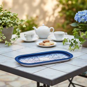 Kontensan 160x350 mm Elegant Rectangular Metal <b>Tray</b> Azulejo-Inspired Blue White Decorative Pattern Serving Mother Pearl <b>Tin</b> - Product Image 3