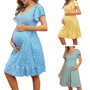 Fashion Women Summer Pregnant Clothing V-Neck Ruffle short sleeve Knee-Length Casual Blue Maternity Dresses