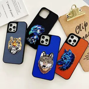 New Embossed Embroidered Tiger Head for iphone11 12 13ProMax Embroidered Patch Leather 2 in 1 watch cases