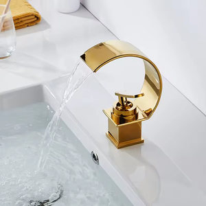 Robinet de lavabo moderne à poignée unique noir et or, mitigeur de salle de bain moderne, robinet cascade eau chaude et froide, cartouche céramique - Product Image 3