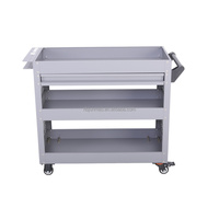 Chariot à outils roulant robuste OEM Obm à 3 niveaux, en acier laminé à froid, avec tiroir à roulement à billes, étagère latérale et roulettes en caoutchouc pour garage et atelier