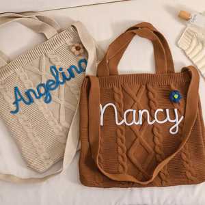 Personalized Crochet <b>Tote</b> <b>Bag</b> Custom <b>Knitted</b> Shoulder <b>Bag</b> Cable <b>Knit</b> Beach <b>Bag</b> for Women Bridesmaid Gift - Product Image 4