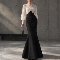 Robe longue midi ajustée pour femme, col montant, nœud papillon, manches longues bouffantes, empiècements en dentelle, color block, style navetteur, personnalisable
