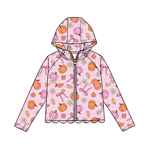 Manteau à capuche zippé pour enfants, motif citrouille d'automne personnalisé, avec nœuds coquette et bord festonné, style mignon pour sœurs, nouveaux styles de vêtements pour enfants - Product Image 3