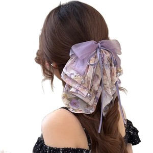 Personnalisation : Pinces à cheveux à pince longues avec nœud en ruban, en mousseline florale, style doux et féerique, et chouchous en tissu pour queue de cheval - Product Image 5