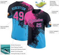 Maillot de baseball à manches courtes personnalisé avec impression numérique, bleu, rose, noir, imprimé effet éclaboussures, nom, numéro, logo, respirant, séchage rapide, pour hommes