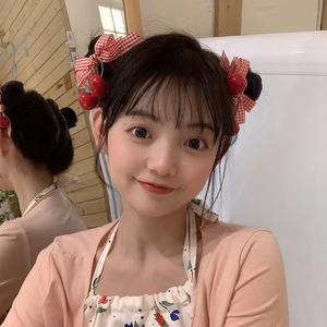 Sweet and charming Japanese and Korean style cherry fabric <b>bow</b> hair <b>clip</b> with double-layered lace and strawberry design. - Product Image 1