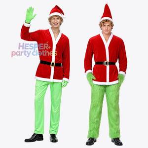 Costume de Noël HP The Grinch, costume de monstre aux cheveux verts pour adulte, costume de cosplay avec ceinture et chapeau, costumes de scène - Product Image 1