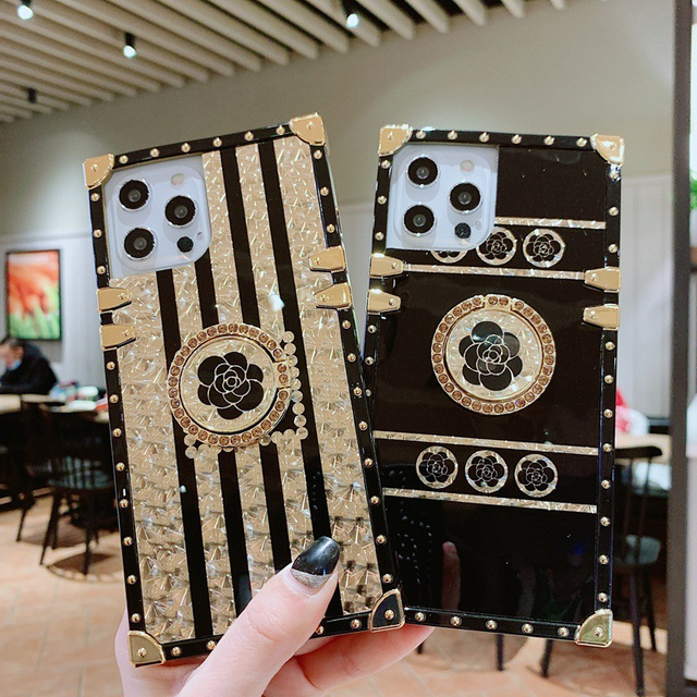 New Luxury Branded Phone case for iphone 14 Pro Max Cover Designer Flower Bling Trunk Ring Phone case with Holder Stand