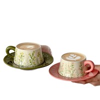 Ensemble tasse et soucoupe à café en céramique de haute qualité Huyo, style naturel frais, motif floral, pour latte art exquis, usage domestique, Chine