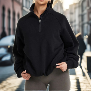 Custom Wholesale Ladies Breathable Winter Zipper Hoodies 100% Organic Cotton <b>Stand</b> Collar Half Zip Pullover - Product Image 2