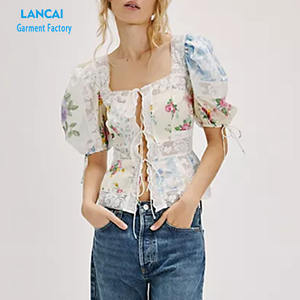 Chemises florales décontractées en coton avec logo personnalisé et motif en dentelle pour femmes - Product Image 2