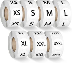 Etichette Adesive Rotonde per Taglie di Abbigliamento, Bianche <span class=keywords><strong>con</strong></span> Testo Nero, 7 Taglie di Abbigliamento, 1 Rotolo di Ciascuna Taglia per Confezione, Etichette Autoadesive - Product Image 1