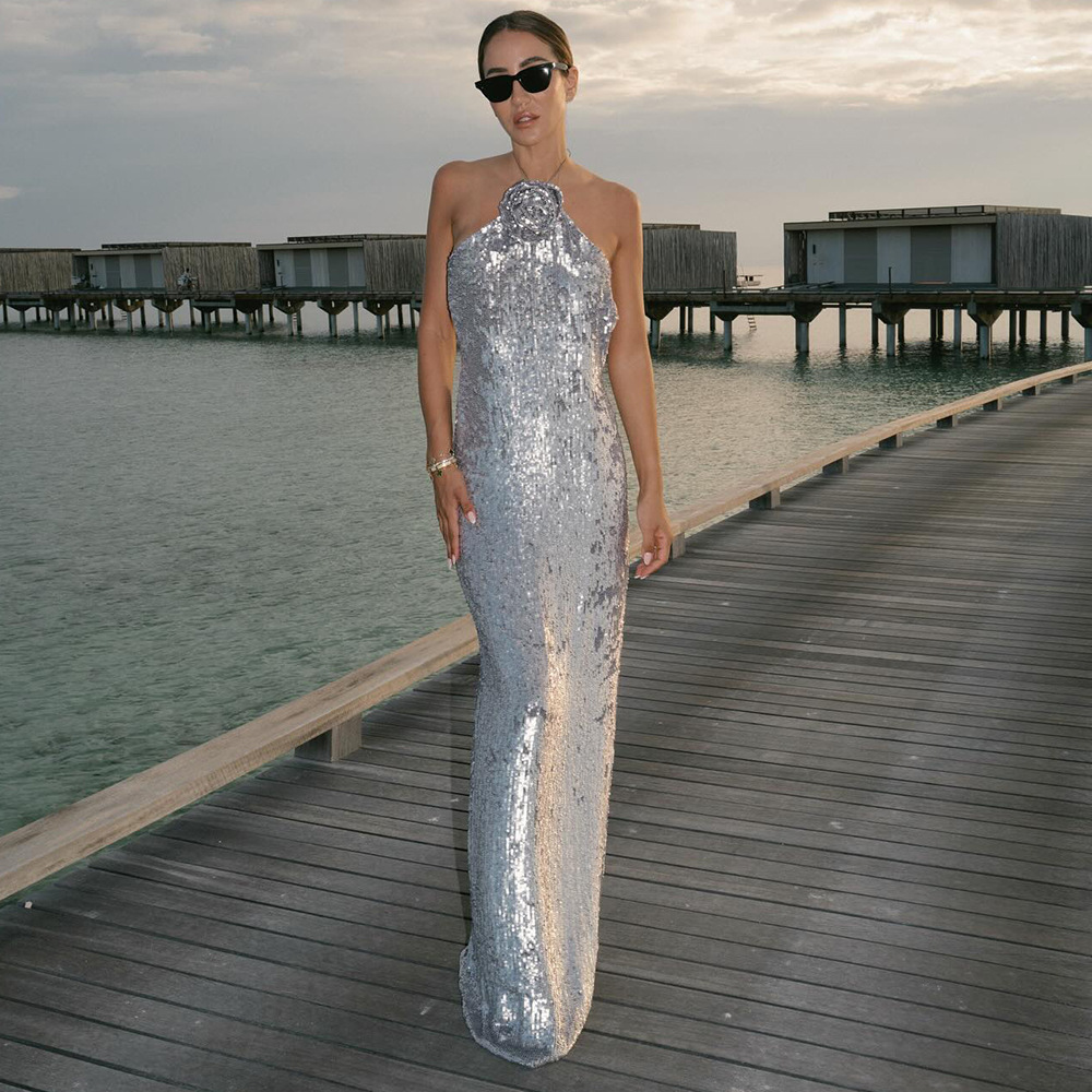 navy blue dress for baby girl Quartz Silver Embellished Square-Neck Open-Back Maxi Dress – Club L London main image 1