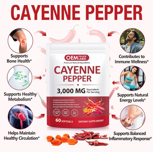 Cápsulas de Pimienta Cayenne OEM con Vitaminas E, D3+K2, Extracto de Semilla de Uva, Remolacha, Ginseng, Canela y Curcumina - Product Image 4