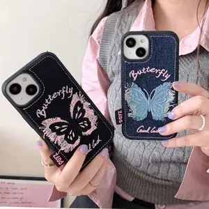 Fancy Embroider Cowboy Denim Leather Butterfly Mobile Phone Case For iPhone 15 14 13 12 pro max 11 Shock proof Cover Shell