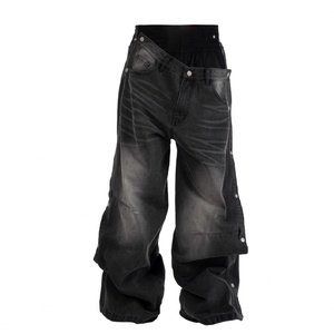 Jean baggy noir délavé personnalisé et détachable, taille haute, double ceinture, style boxe, streetwear, coupe ample - Product Image 2