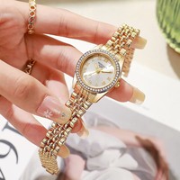 Montre pour femme tendance, bracelet en acier inoxydable plaqué or, cadran romain, montres à quartz avec strass