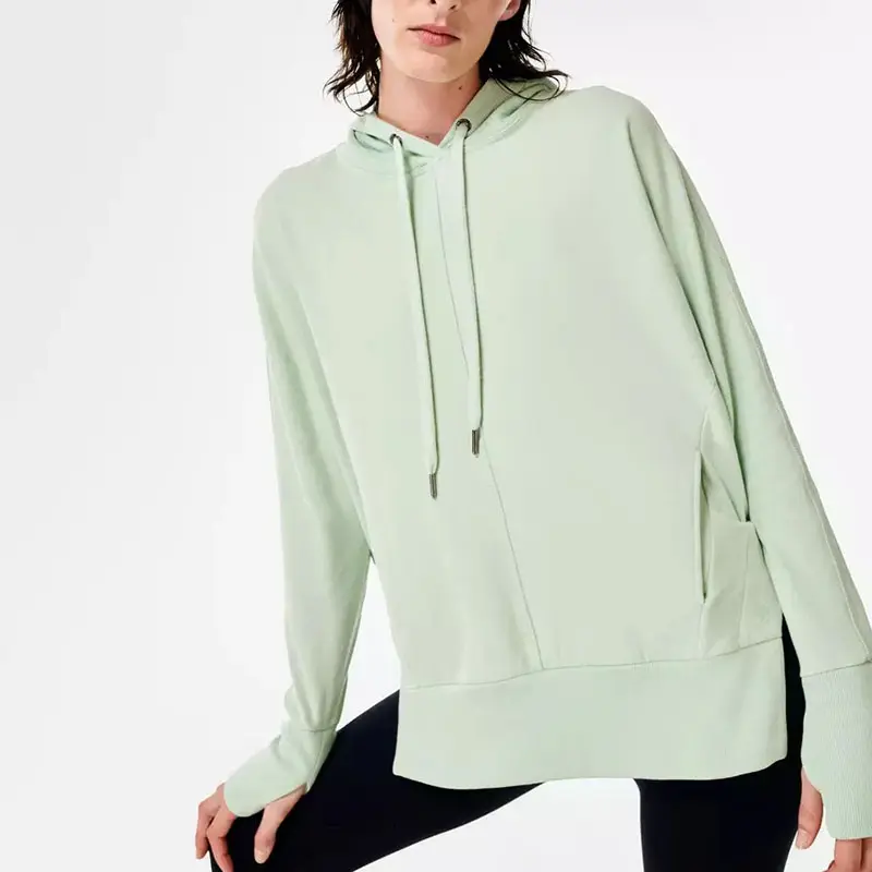 Fashionable Custom Design French Terry Light Green Oversized Hoodie With Side Cuts For Women Plus Size With Drawstrings
