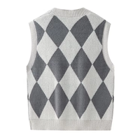 Rompi Rajut Kancing Khusus 100% Katun Anti Kusut Tanpa Lengan V-Neck Motif Kotak-Kotak Pria Sweater Vest Musim Gugur