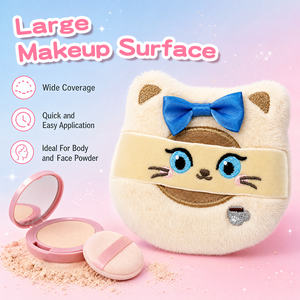 Houppette à poudre ronde en peluche chat mignon avec nœud rose, en velours ultra doux pour cosmétiques - Product Image 3