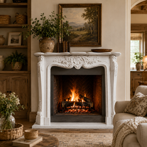 Chimenea tradicional de mármol con tallado ornamentado, de piedra caliza, para interiores, con estufa de leña para comedor. - Product Image 6
