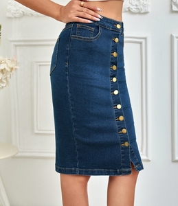 2025 New Spring Summer Women's Multi-Button High-Waisted <strong>Denim</strong> Pencil <strong>Skirt</strong> - Elastic <strong>Knee</strong>-<strong>Length</strong> Slim Jeans <strong>Skirt</strong> - Product Image 5