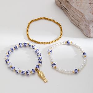 <span class=keywords><strong>Bracelet</strong></span> de charme en perles de porcelaine bleue et blanche, plaqué <span class=keywords><strong>or</strong></span> 18 carats, en acier inoxydable, imitation perle, pour femmes, bijoux - Product Image 5
