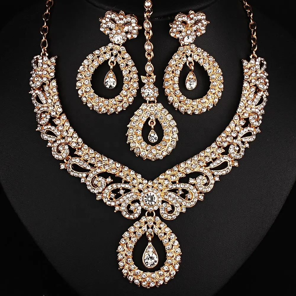 White Rhinestone Necklace Earrings Frontal Chain Three-piece Indian Bride Wedding Jewelry Set Fashion Jewelry Three-piece Set