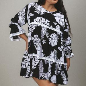 Abito a strati floreale tropicale stampato personalizzato da donna Babydoll con decorazione in pizzo 100% raion viscosa abiti corti sciolti per le vacanze - Product Image 5