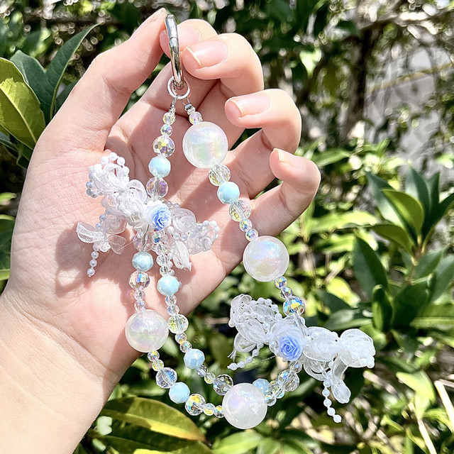 Handmade Crystal Phone Strap with Rose Charms Cute Anti-Lost Wrist Lanyard Fashion Phone Chain Keychain Accessory