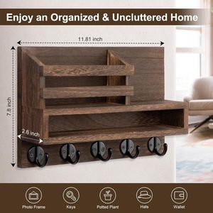 Wooden Key Rack Wall Mounted Mail And Glasses Storage <b>Shelf</b> With <b>Hooks</b> For Entryway Living Room Organization - Product Image 4