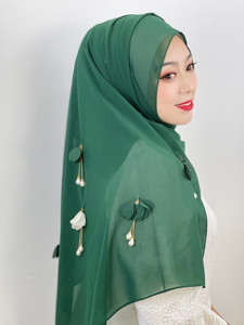 Bufandas de moda de estilo Hada para mujeres del sudeste asiático Malasia 3D flor perla borla gasa Hijab mujeres musulmanas Hijabs - Product Image 2