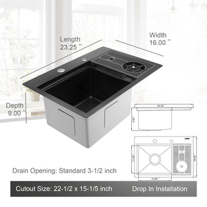 Évier de bar à cuve unique en acier inoxydable noir avec rince-verre et planche à découper - Product Image 2