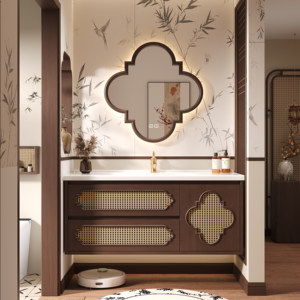 Meuble de salle de bain intelligent moderne et innovant en bois massif avec lavabo intégré en céramique peinte - Product Image 5