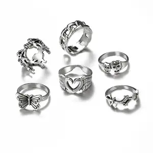Conjunto de anéis banhados à prata, 6 peças, anel aberto de borboleta, vintage, goth, anéis combinando, bonito e elegante