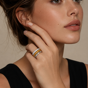 Anello Triplo Impilabile Dreamshow in Acciaio Inossidabile Placcato Oro, Anelli con Fascia in Zirconi Bicolore, Gioielli per Donne - Product Image 2